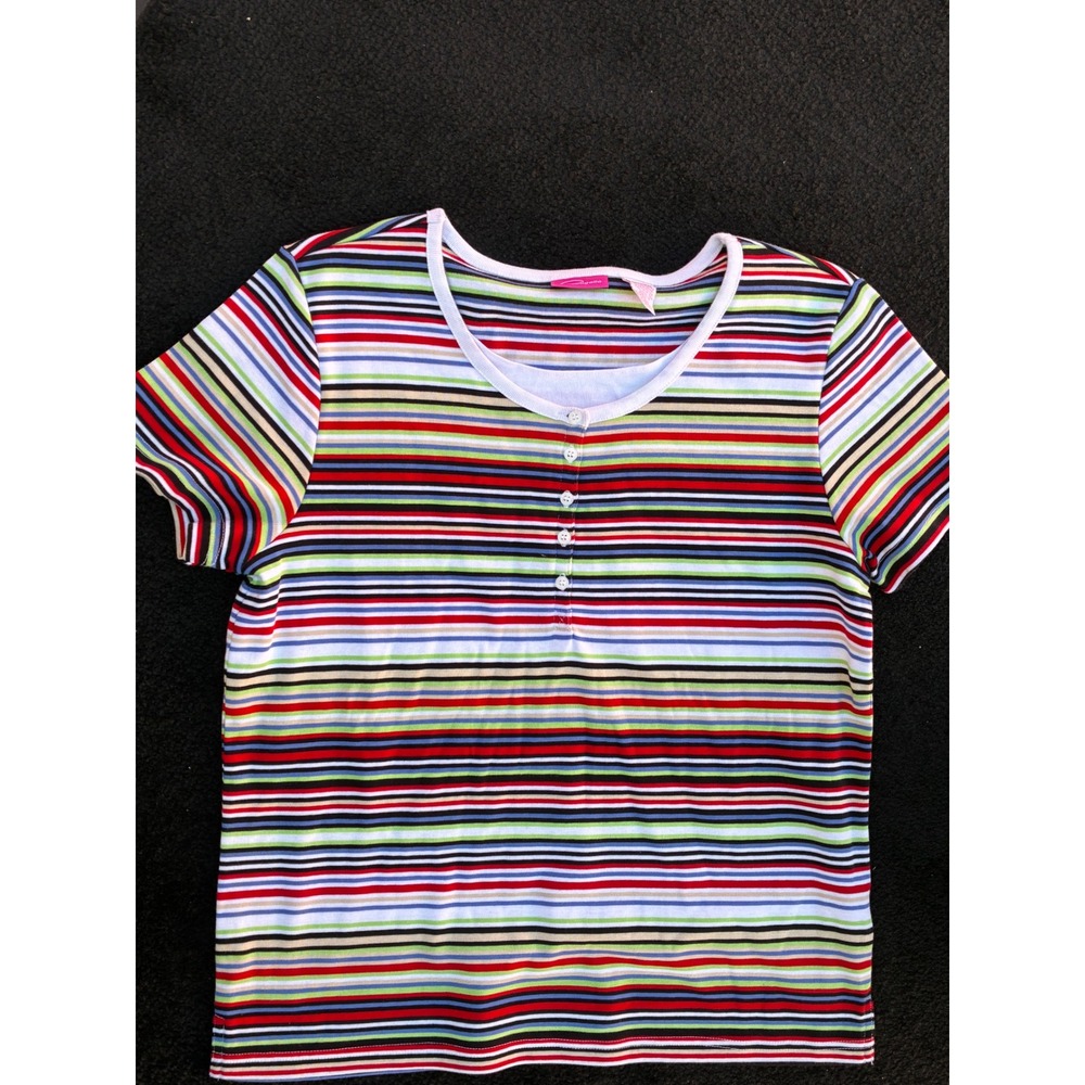 Pappagallo Womens Multi Color Striped Short Sleeve Henley Top Large Cotton Blend